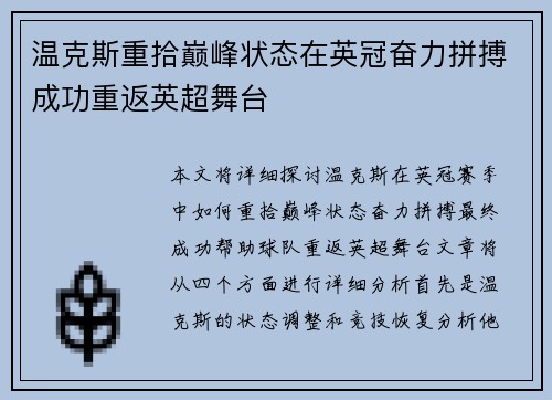 温克斯重拾巅峰状态在英冠奋力拼搏成功重返英超舞台